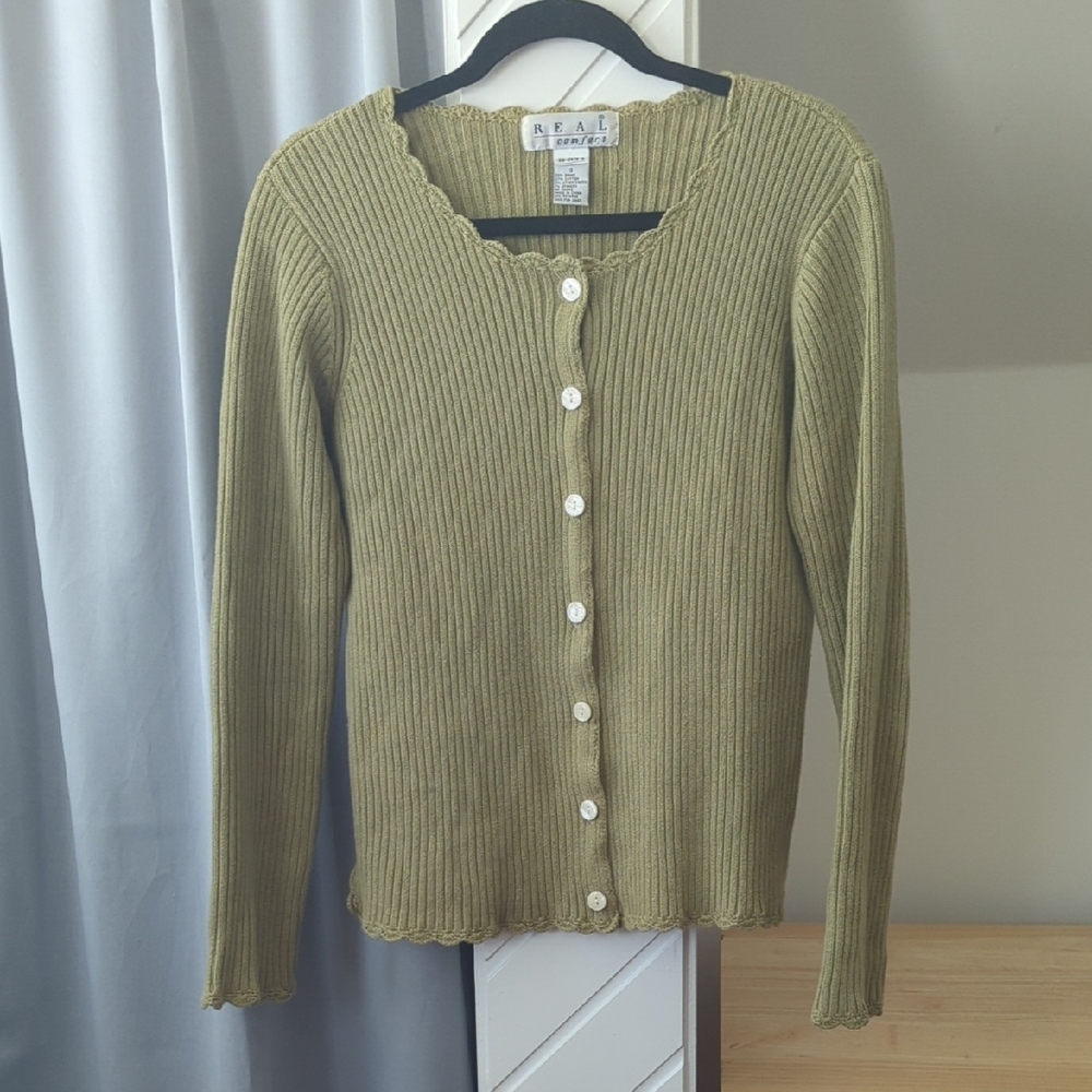 Olive Green Ribbed Button-Up Sweater